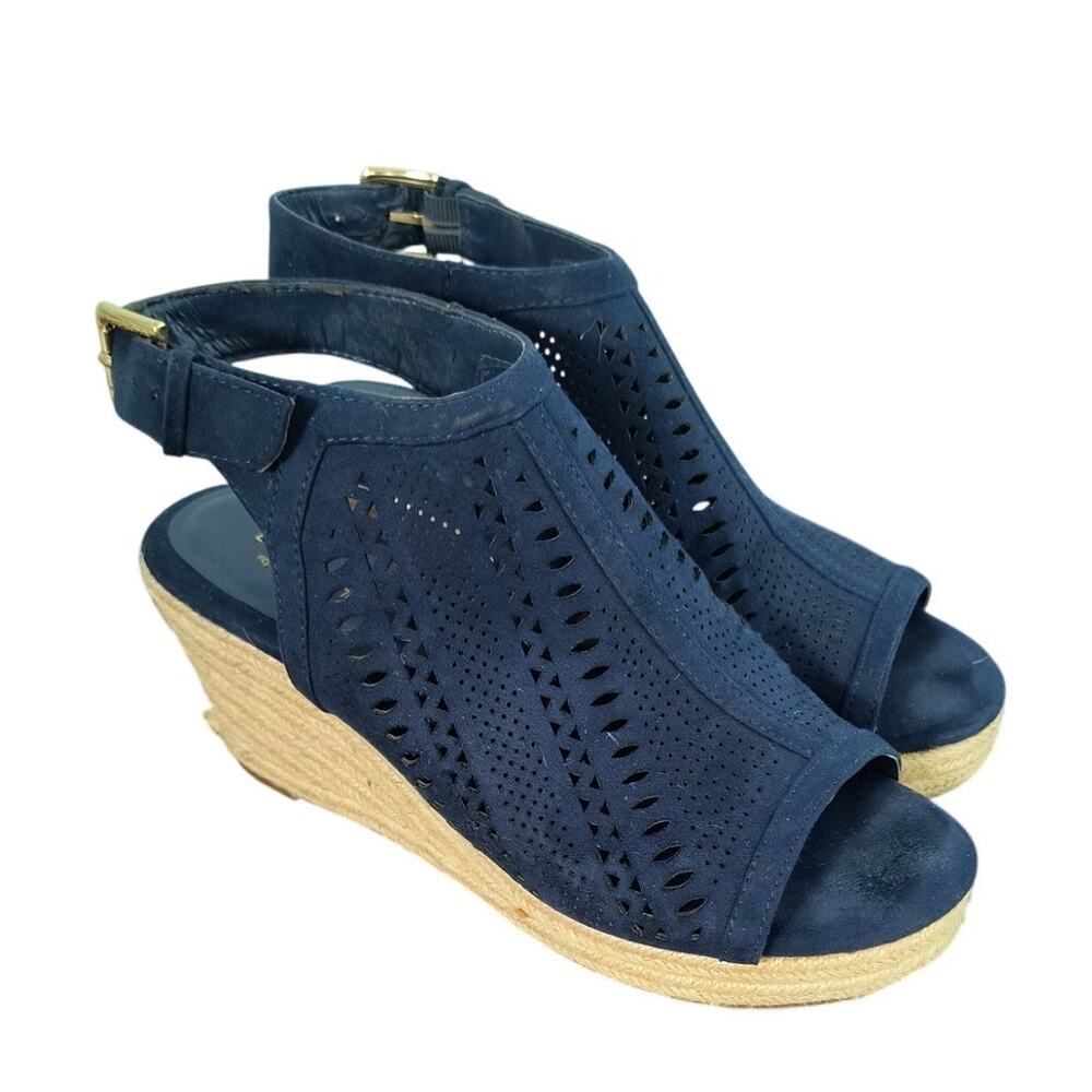 Liz Claiborne Suede Espadrille Sandals Size 9 Blue 3" Wedge Sling Back Open Toe
